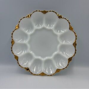 Vintage Anchor Hocking White Milk Glass Deviled Egg Dish Plate Platter Gold Rim